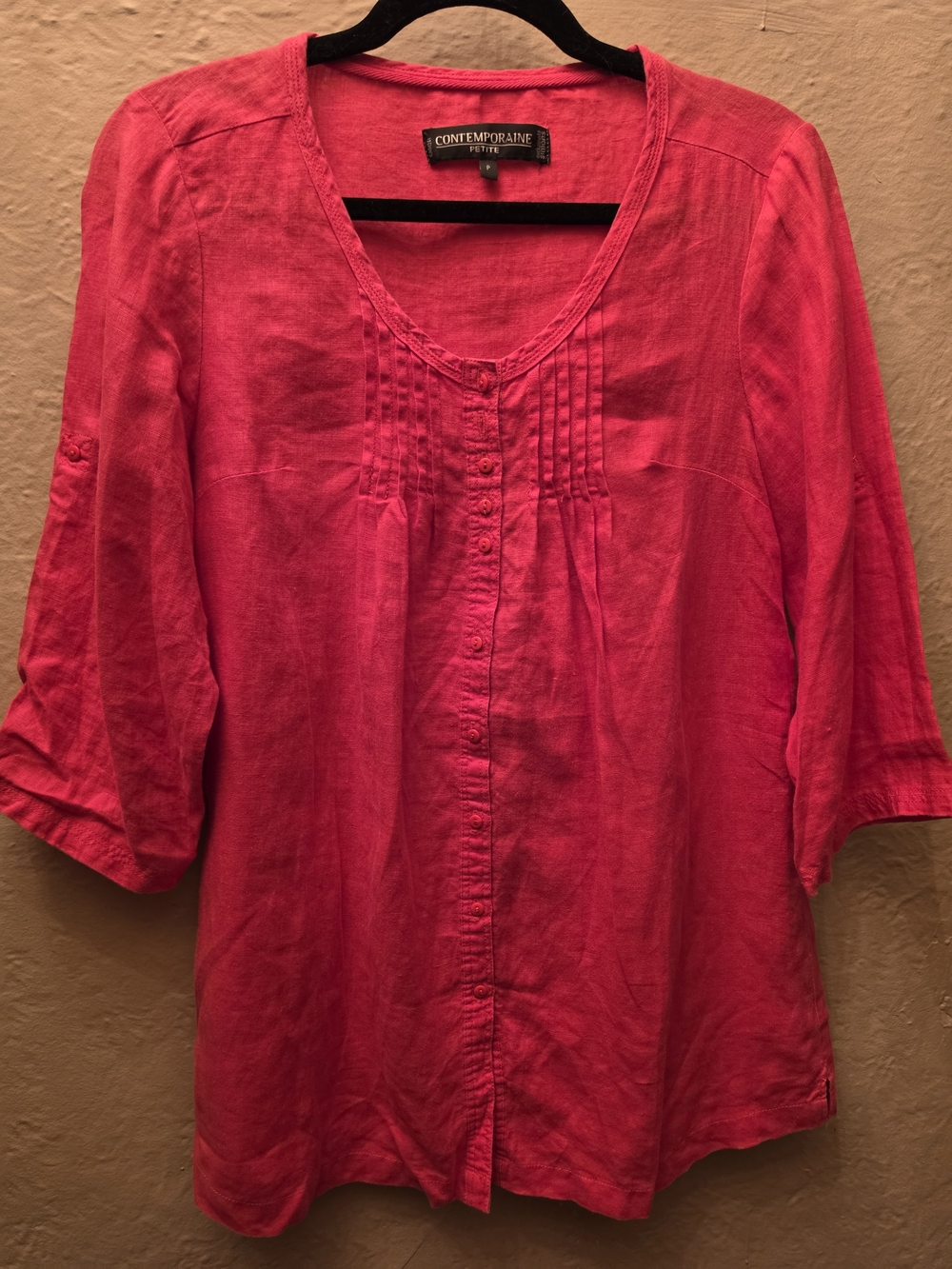 Contemporaine Petite 100% Linen Red Pintuck Button Tunic Blouse S